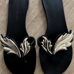 Giuseppe Zanotti Black Sandals with Gold Leaf Motif